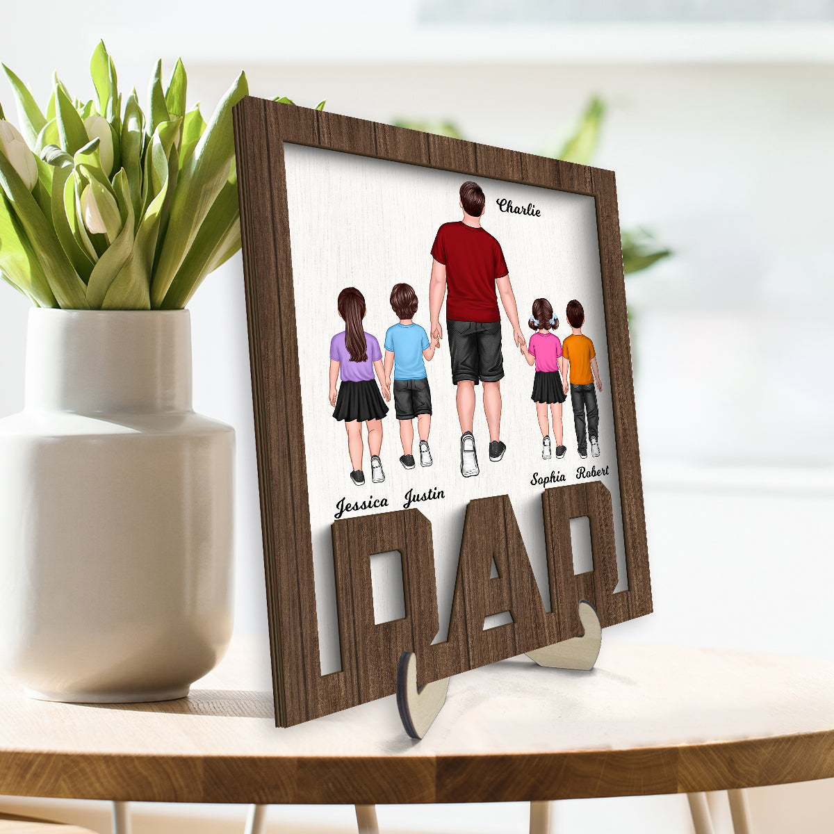 Dad And Kids Walking Back View Personalized 2-Layer Wooden Plaque