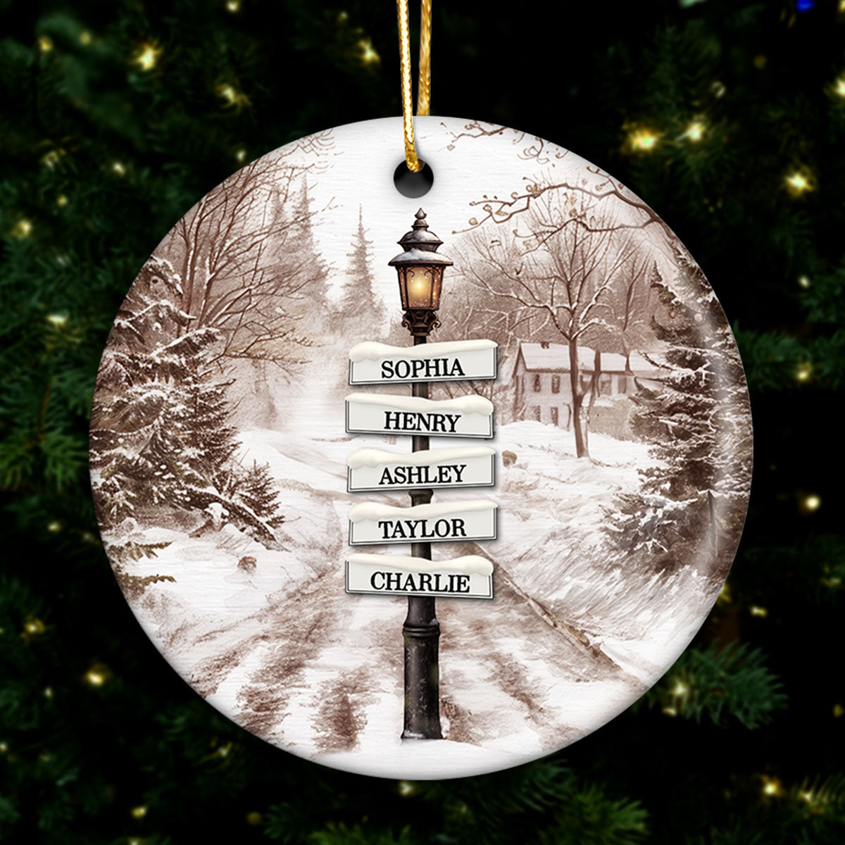 Vintage Christmas Signpost Family Personalized Ceramic Ornament