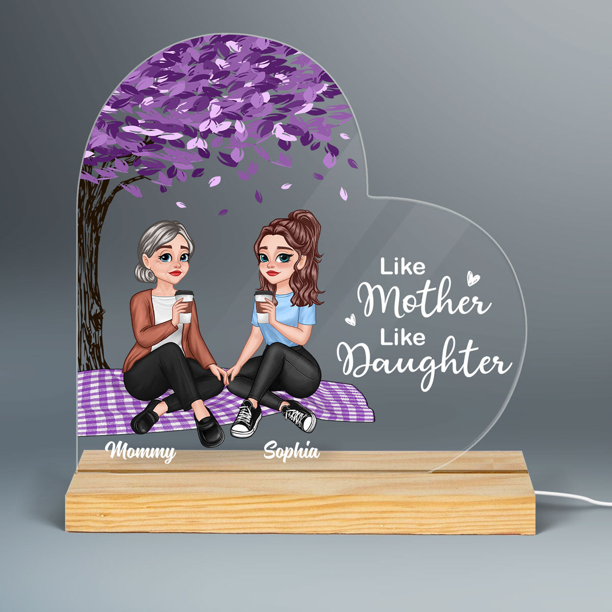 Like Mother Like Daughter Pretty Cartoon Mom Daughter Under Tree Personalized Heart Shaped Acrylic Plaque With LED Night Light