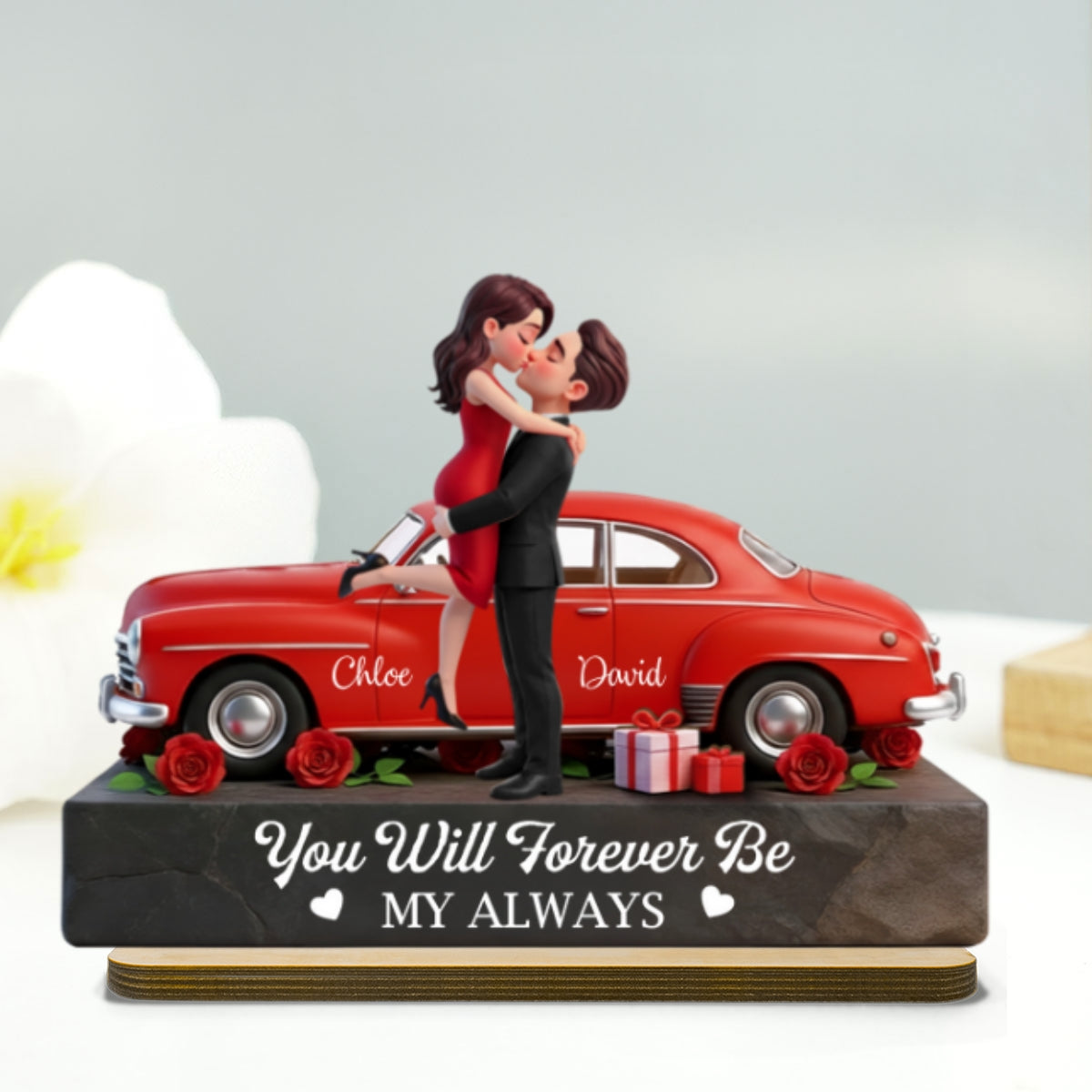 Romantic Couple Hugging Kissing Valentine Car - Personalized 2-Layered Wooden Plaque - Valentine's Day Gift For Couple