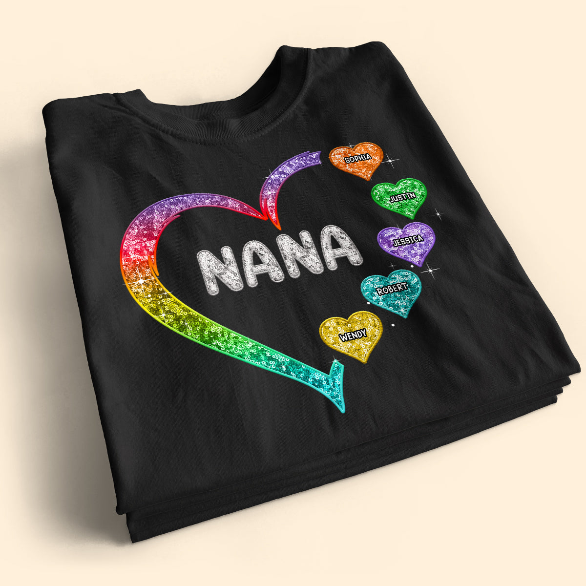 Grandma Mom Heart Faux Sequin Embroidery Personalized Shirt
