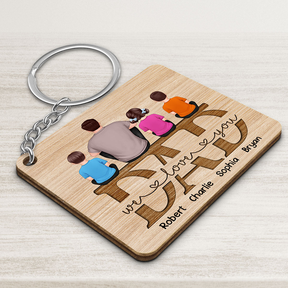 Dad We Love You Sitting Back View Man Kids Dog Cat Sitting On Word Personalized Wooden Keychain
