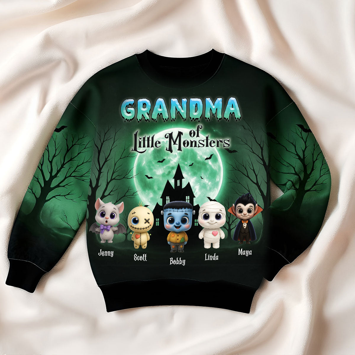 Grandma Mom Little Monsters Teal Theme Personalized 3D Sweatshirt, Halloween gift for Grandma