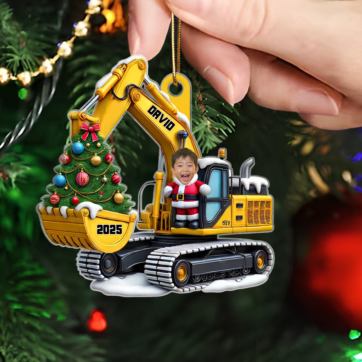 Personalized Xmas Excavator Construction Backhoe Kid Photo Ornament, 3D Effect Xmas Gift For Kids