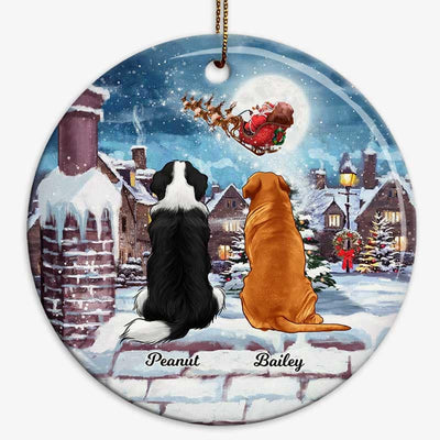 Sitting Dogs On Rooftop Christmas Personalized Circle Ornament