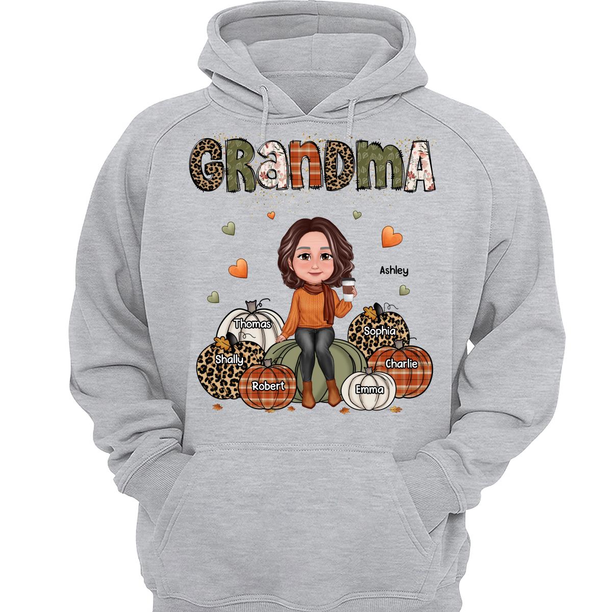 Vintage Orange & Green Grandma Patterned Pumpkins Kids Names Fall Season Personalized Shirt