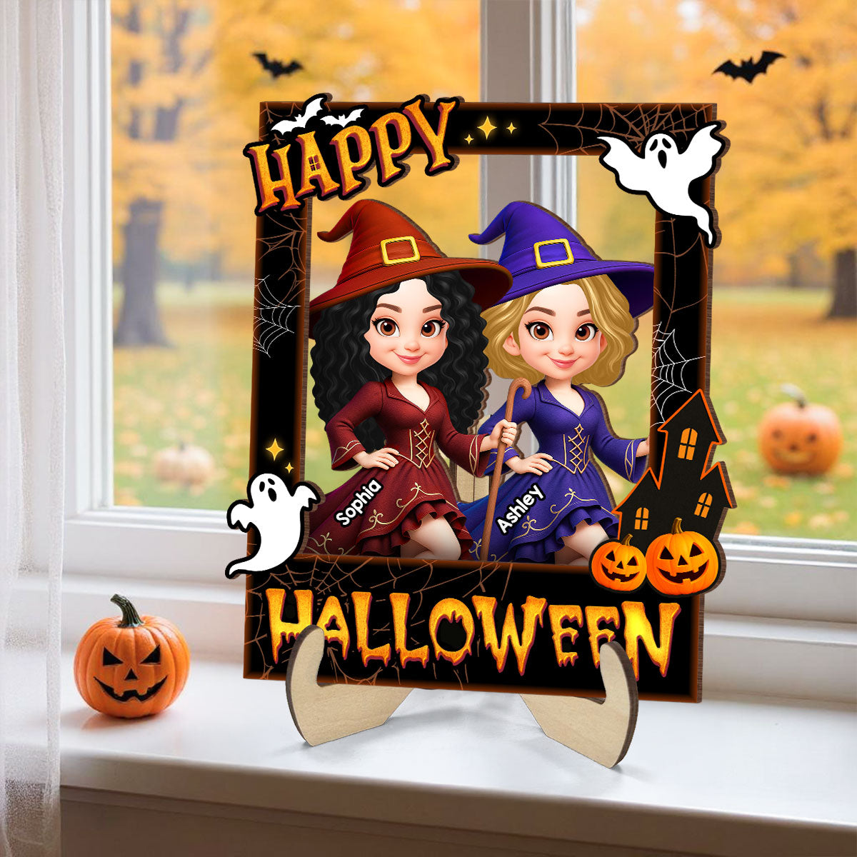 Besties Sisters Witch Photo Booth Frame Personalized 2-Layer Wooden Plaque