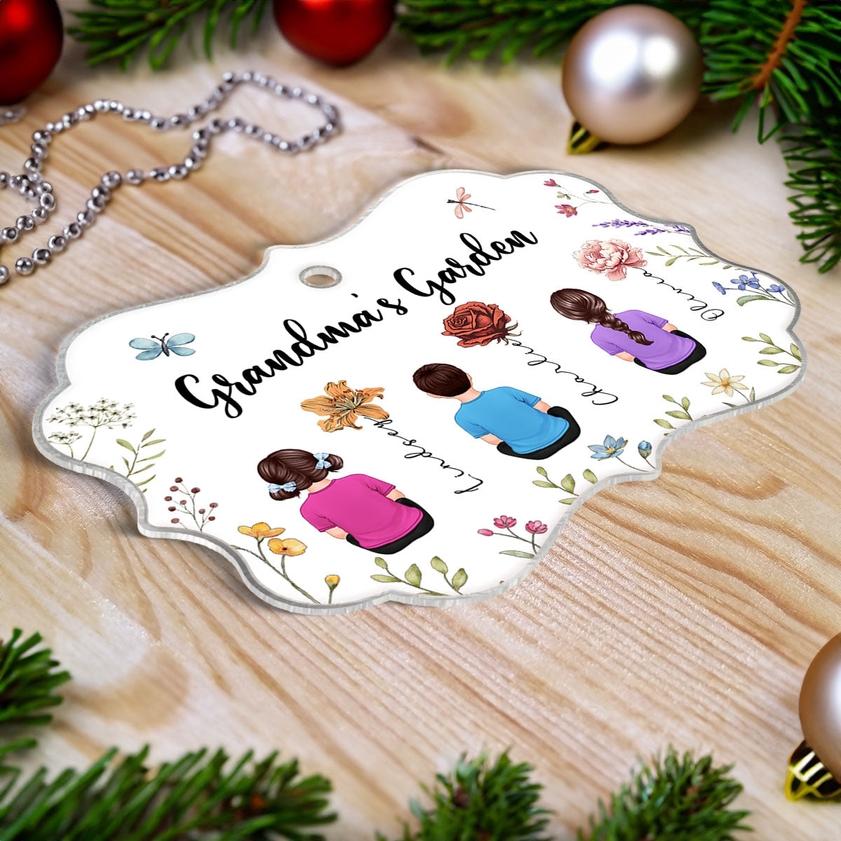 Grandkids Sitting Grandma Garden Vintage Birth Month Flowers Personalized Acrylic Ornament, Christmas Gift For Grandma