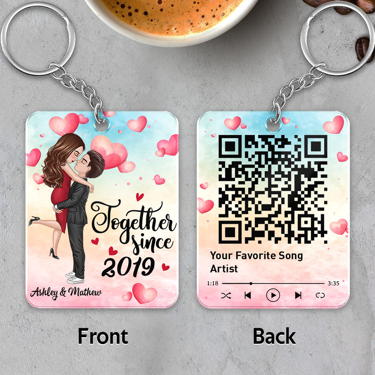 Watercolor Hearts Doll Couple Hugging Kissing Favorite Song Scannable QR Code Personalized Acrylic Keychain