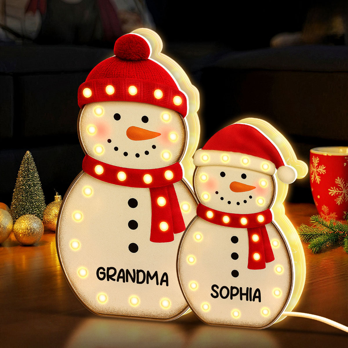 Snowman Grandma Grandkids Marquee Effect Personalized LED Light Box, Christmas Gift