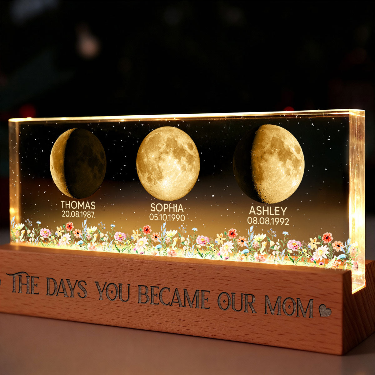 Floral Custom Birth Moon Phase The Day You Become Our Mom - Personalized Acrylic Block LED Night Light - Heartfelt Gift For Mom