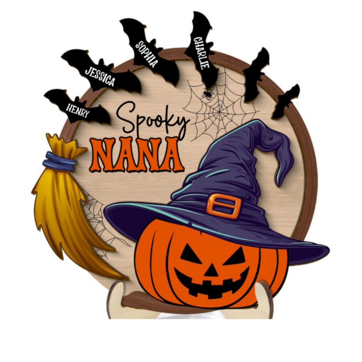 Spooky Grandma Mom Pumpkin Witch Hat Personalized 2-Layer Standing Wooden Plaque, Halloween Decor