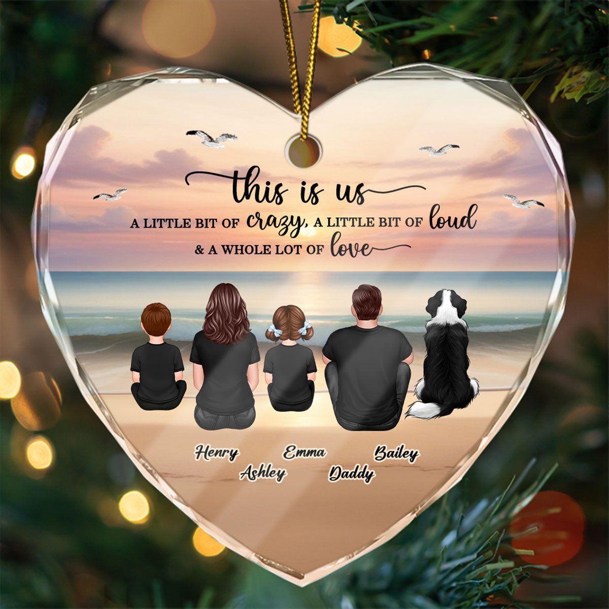 Family Sitting Back View Retro Vintage Beach Landscape Personalized Heart Glass Ornament