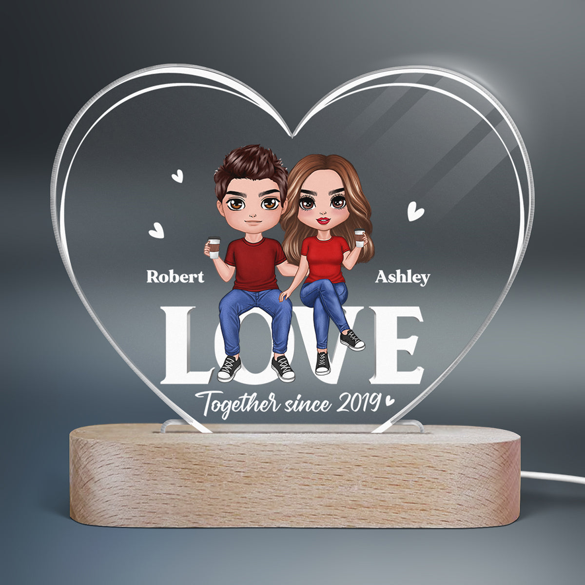 Doll Couple Sitting On Word Love Personalized Heart Plaque with LED Night Light - Valentine‘s Day Gift - Anniversary Gift