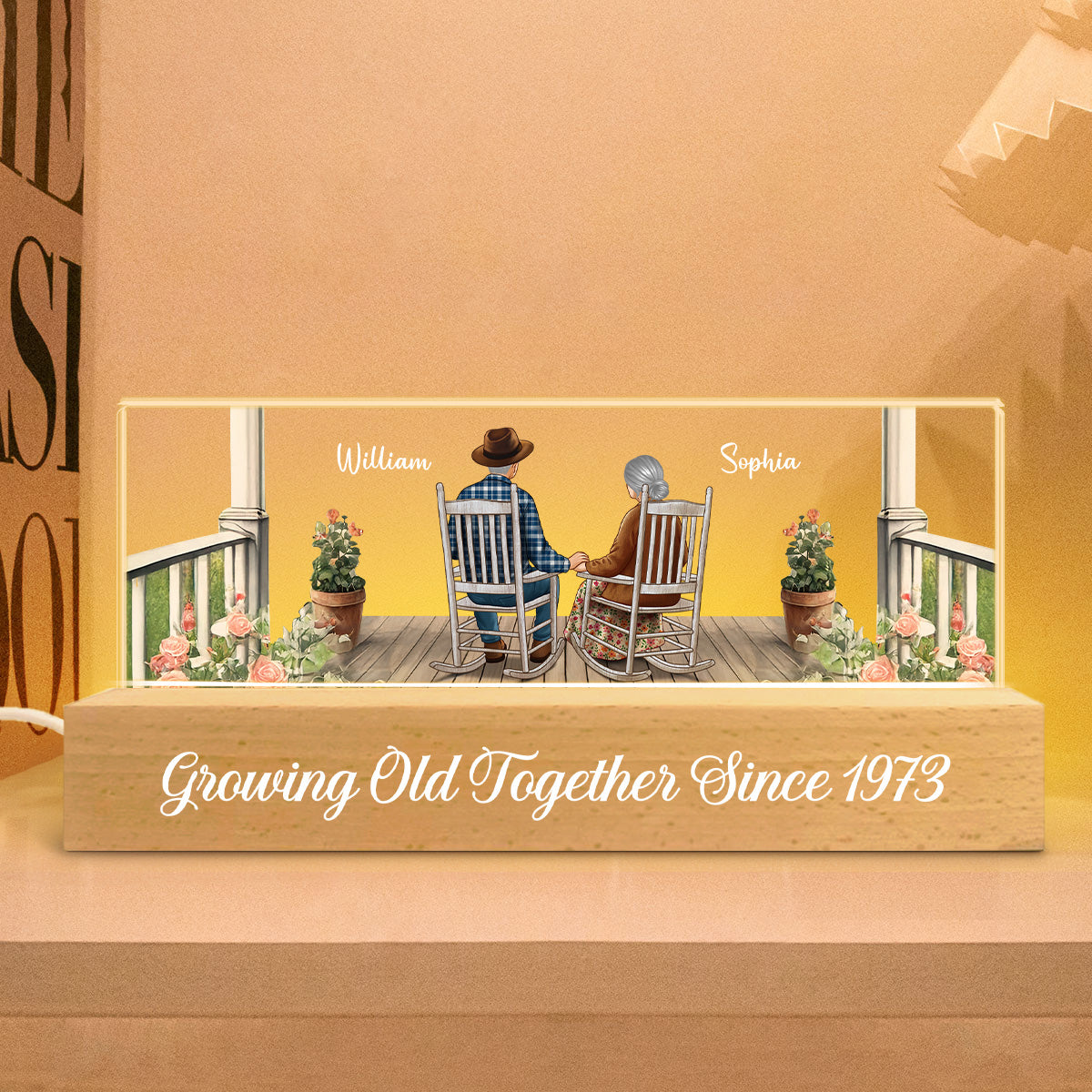 Old Couple Sitting Together On The Porch Personalized Acrylic Block LED Night Light Gift For Him, For Her, Husband, Wife