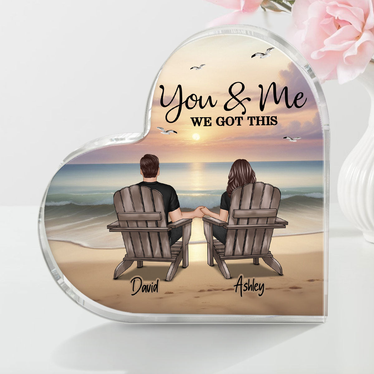 Eternal Beach Landscape Couple Sitting Personalized Heart Acrylic Block Plaque, Heartfelt Gift For Couple, For Him, For Her, Boyfriend, Girlfriend, Husband, Wife
