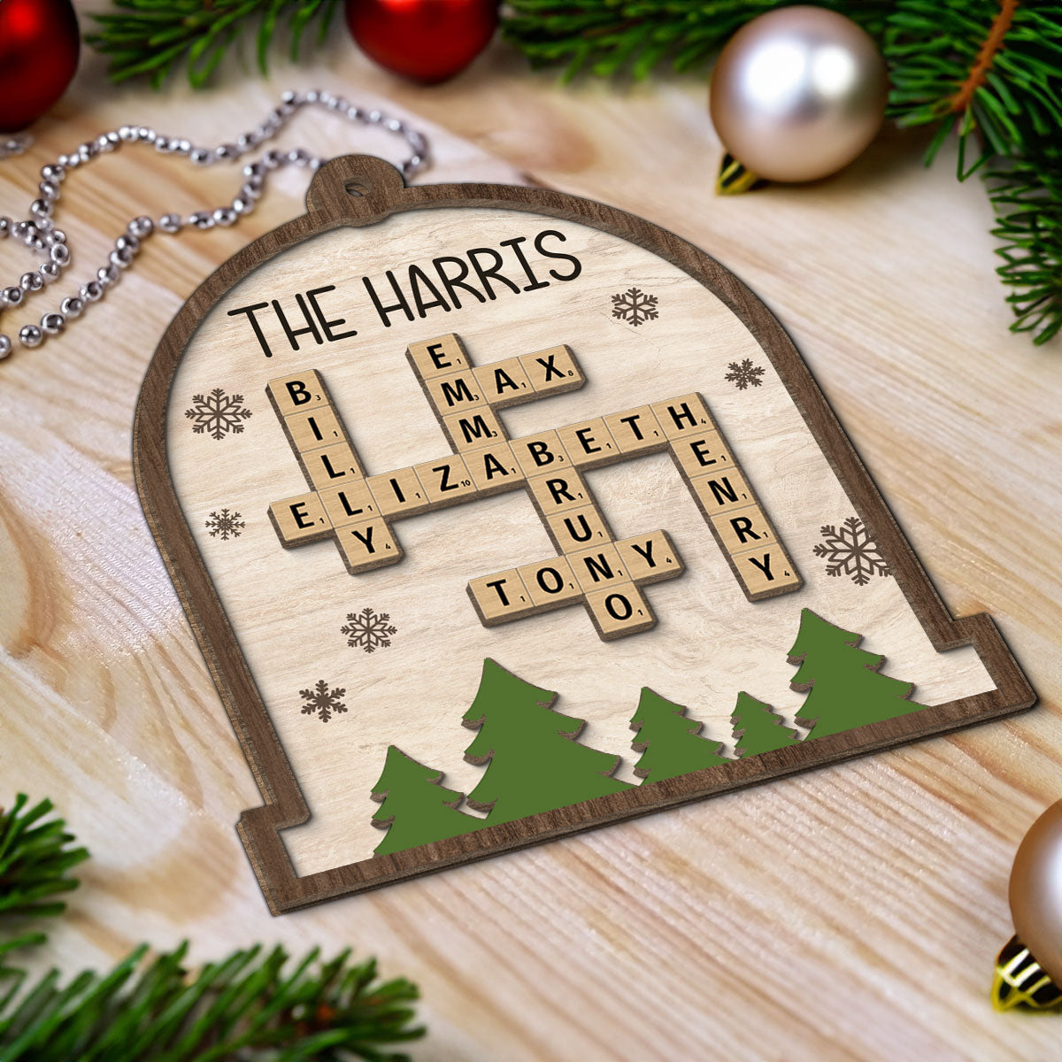 Whole Family Names Crossword Puzzle Art Personalized 2-Layer Wooden Ornament, Christmas Gift For Family, For Parents, Grandparents, Siblings, Children