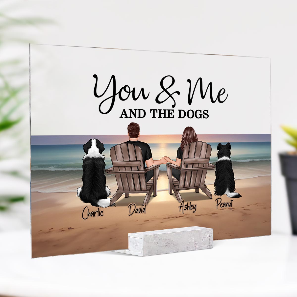 You Me And The Dogs Cats Couple Realistic Beach Landscape Personalized Acrylic Plaque, Gift For Him, For Her