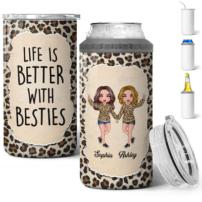 Happy Doll Besties Sisters Torn Leopard Frame Personalized 4 In 1 Can Cooler