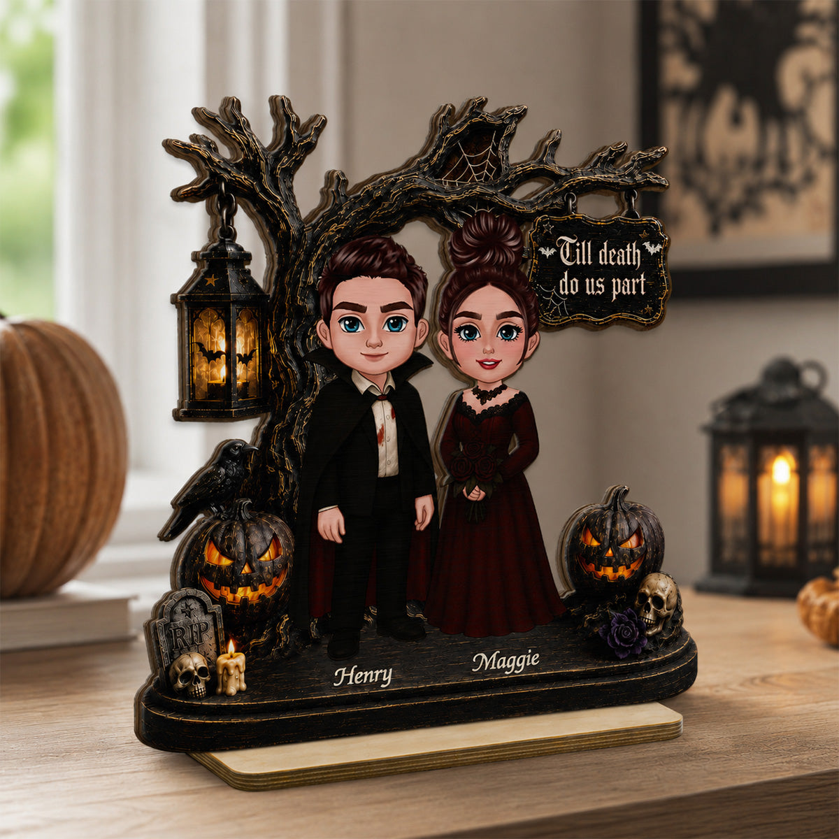 Couple Standing Under Spooky Halloween Tree 2D Flat - Personalized 2-Layer Wooden Plaque - Tabletop Tier Tray Wicca Pagan Decor