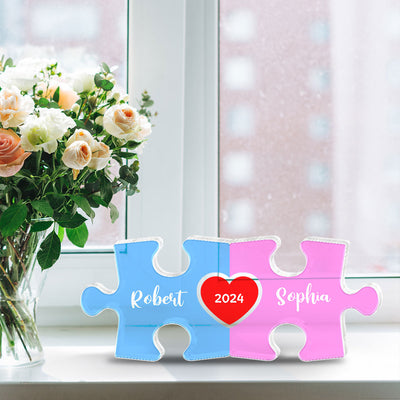 Love Is The Piece That Holds Us Together Acrylic Block Plaque, Personalize Couple Puzzle Name Sign,  Gift For Him, For Her, Wedding Gift