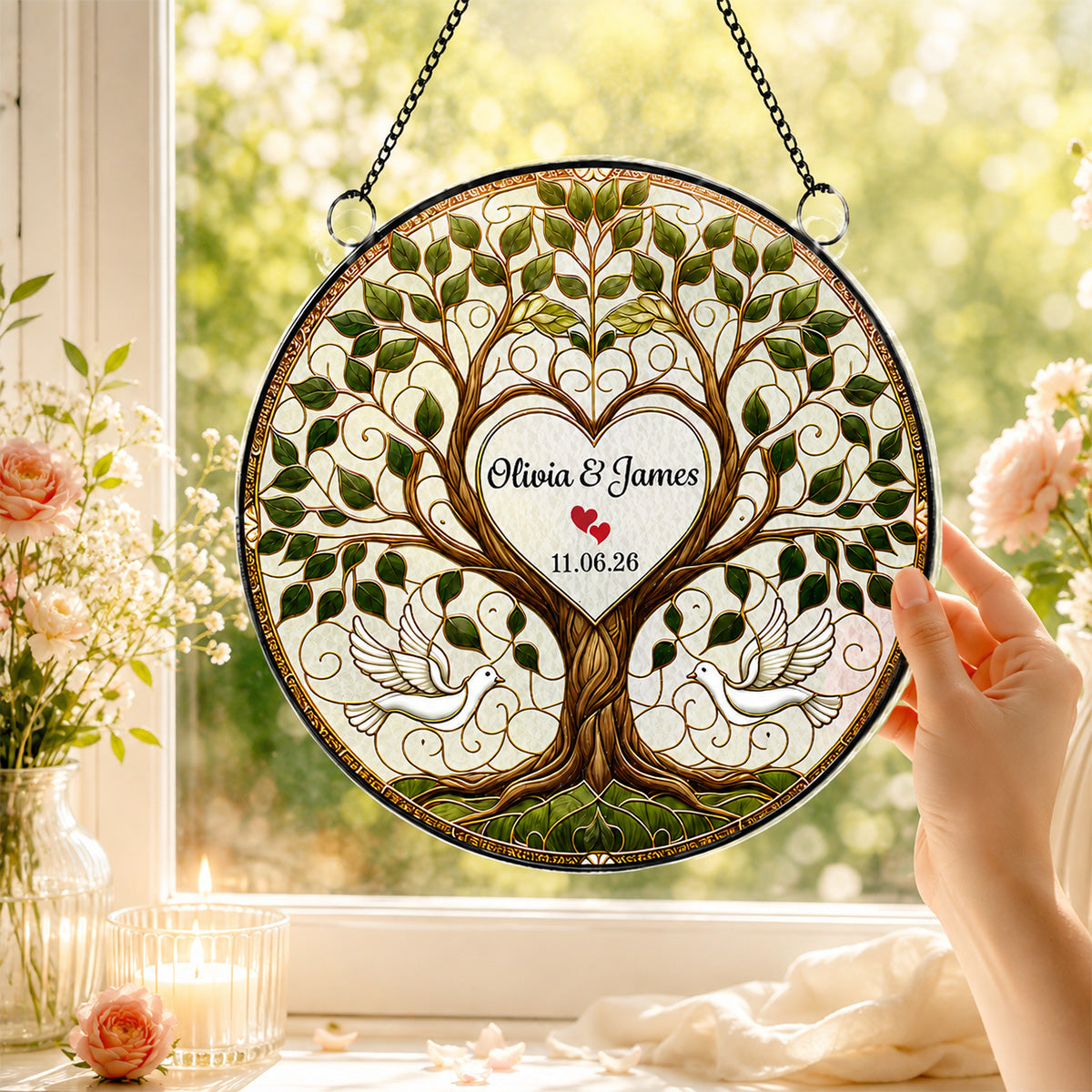 Wedding Tree Of Life With Doves - Personalized Acrylic Window Hanger - Wedding Keepsake, Anniversary Gift For Couples
