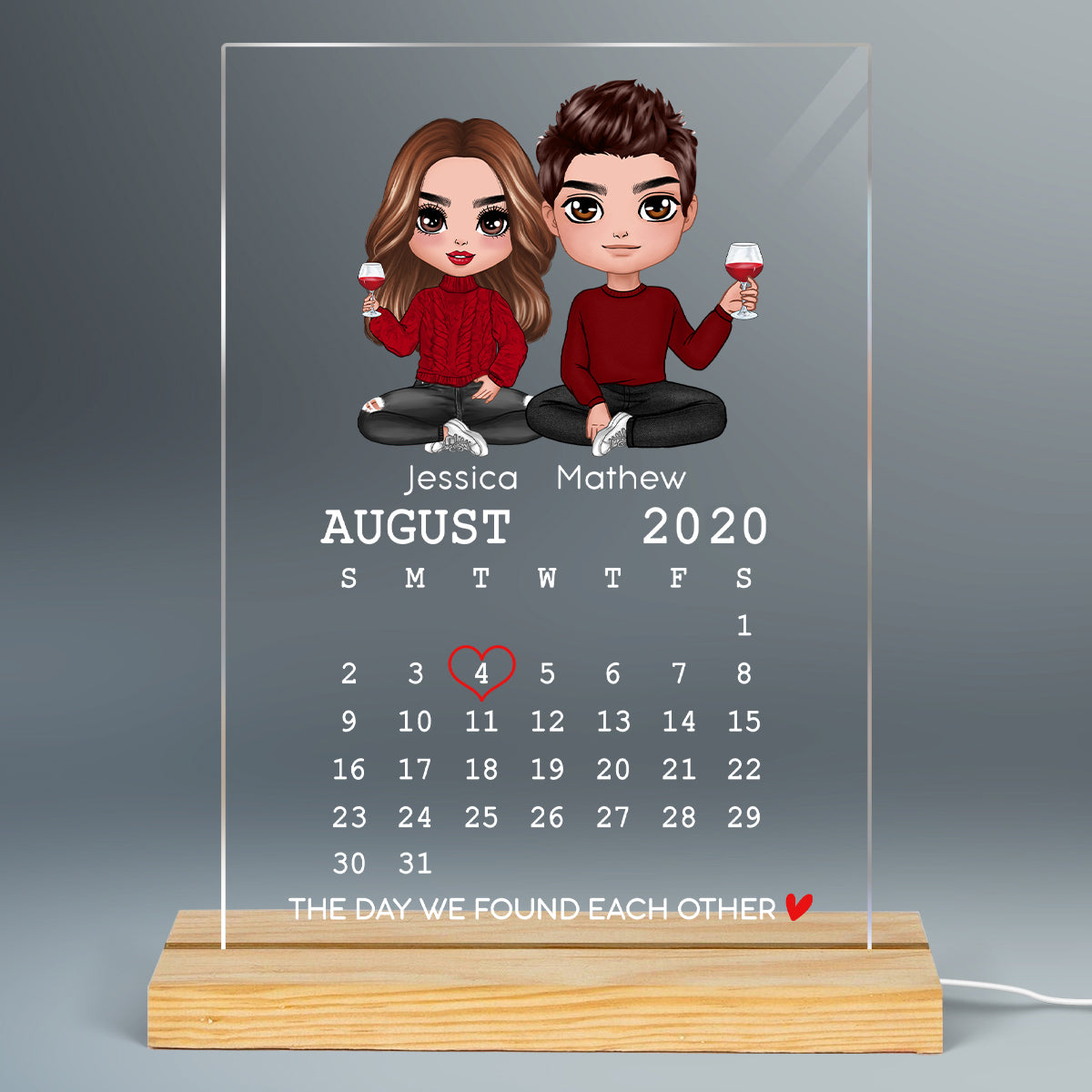 Doll Couple The Day We Calendar Personalized Acrylic Plaque With LED Night Light - Anniversary Gift For Couple - Gift For Him Gift For Her