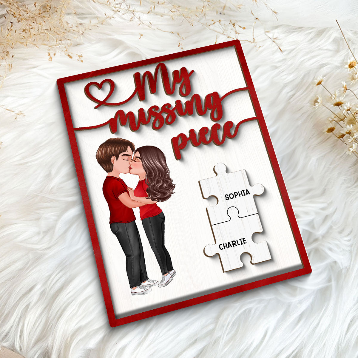 My Missing Piece Couple Kissing Red Themed Valentine‘s Day Gift For Her Gift For Him Personalized 2-Layer Wooden Plaque