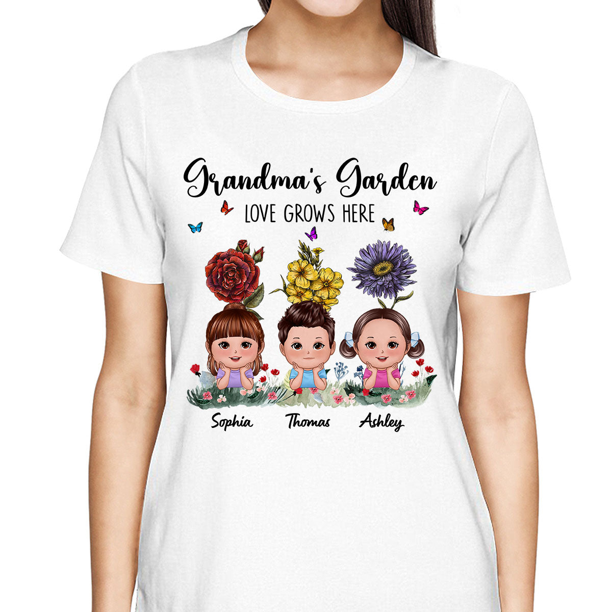 Grandma‘s Garden Cute Kids With Beautiful Vintage Birth Flower Behind Personalized Shirt