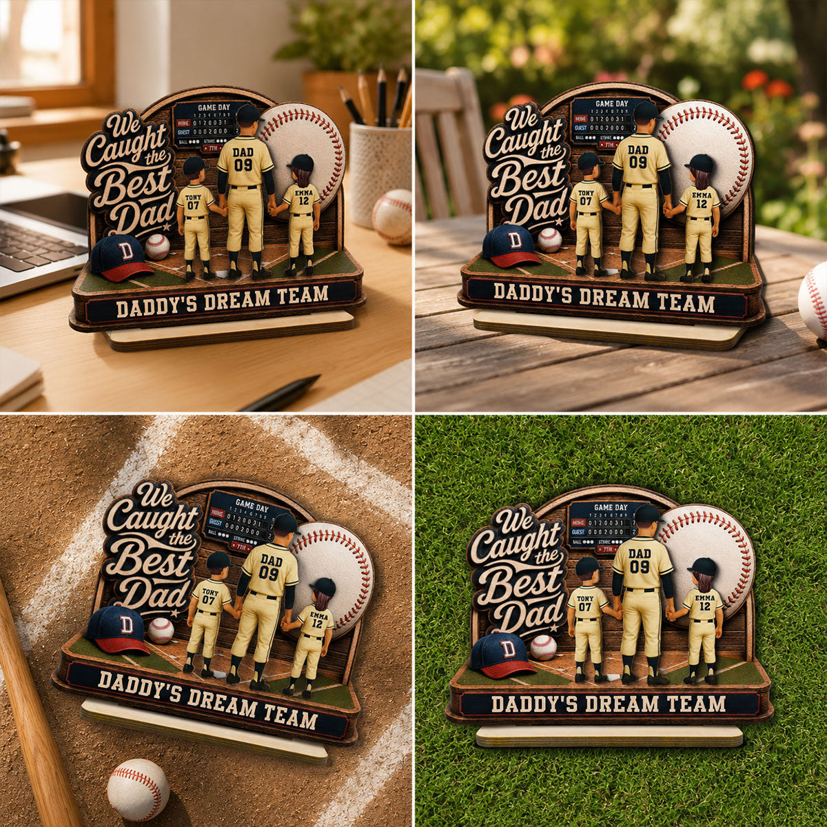 Baseball Things Dad & Kids Back View Standing 2D Flat - Personalized 2-Layered Wooden Plaque - Happy  For Baseball Dad
