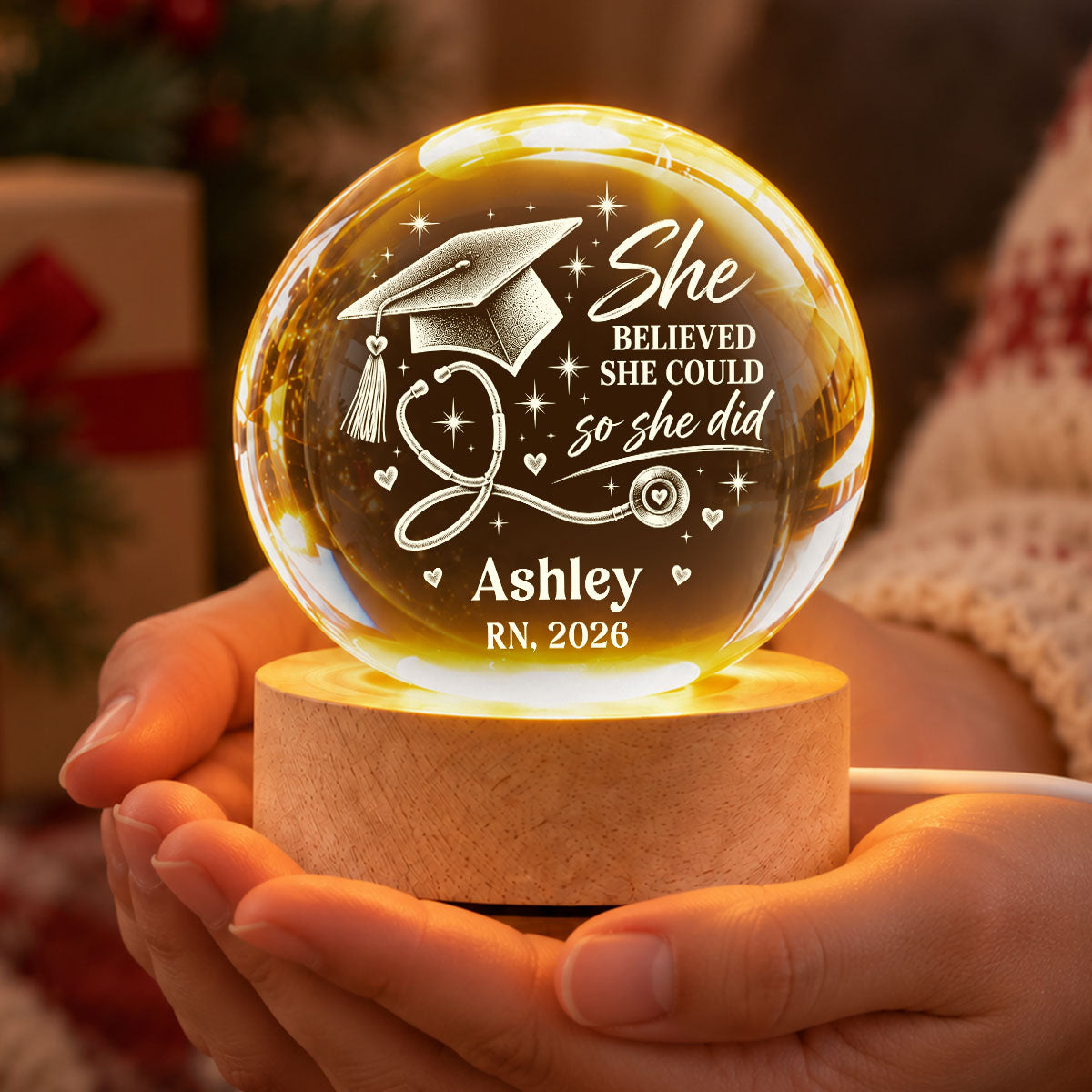 Nurse She Believed She Could So She Did - Personalized Crystal Ball LED Night Light - Christmas Gift, Graduation Gift, New Nurse Gift