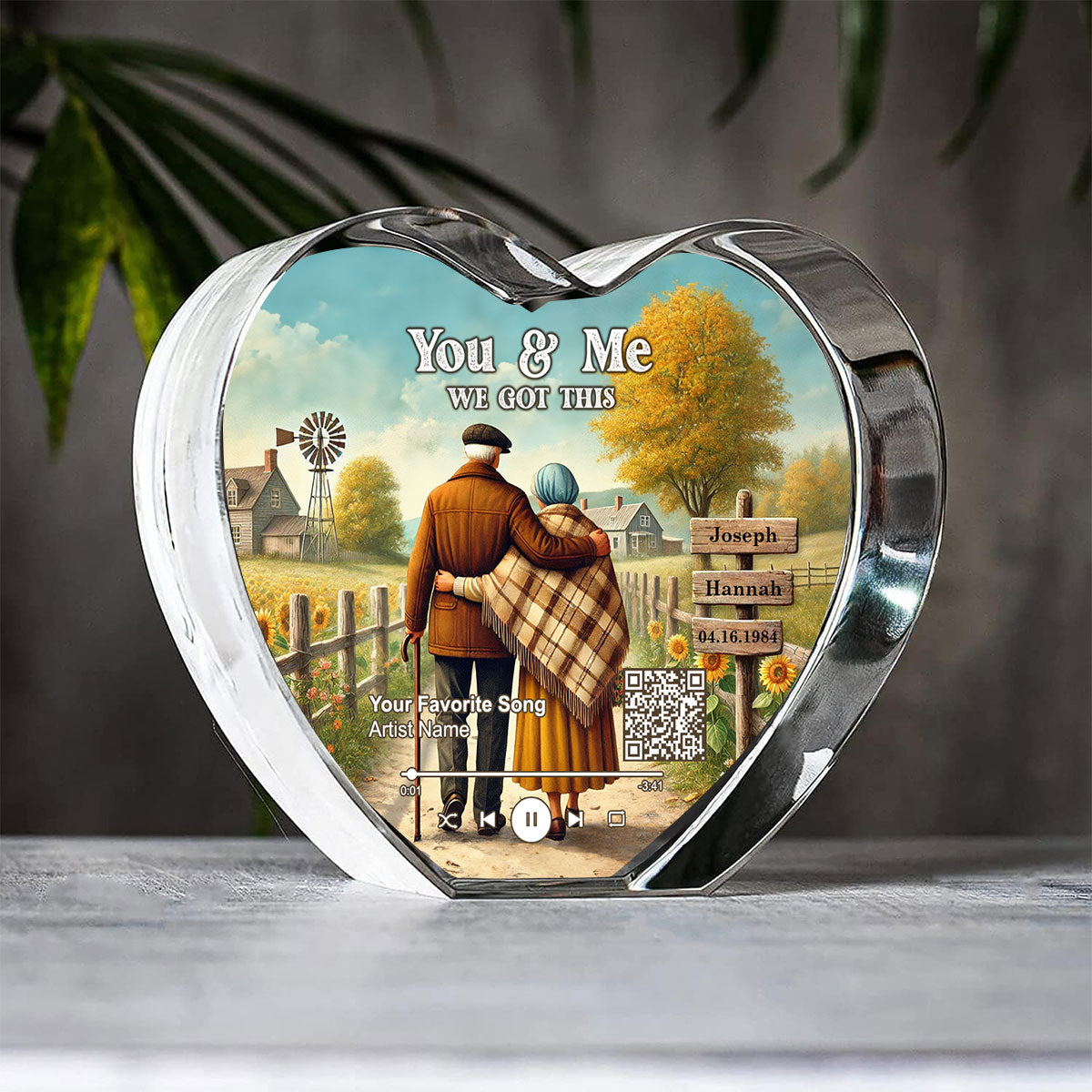 Couple Growing Old Together Favorite Song Scannable QR Code Personalized Premium Crystal Heart LED, Free Shipping Included
