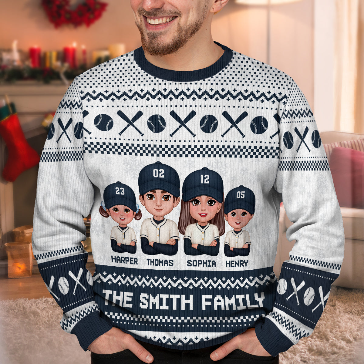 Christmas Baseball Family Personalized Faux Knitting Ugly Sweater