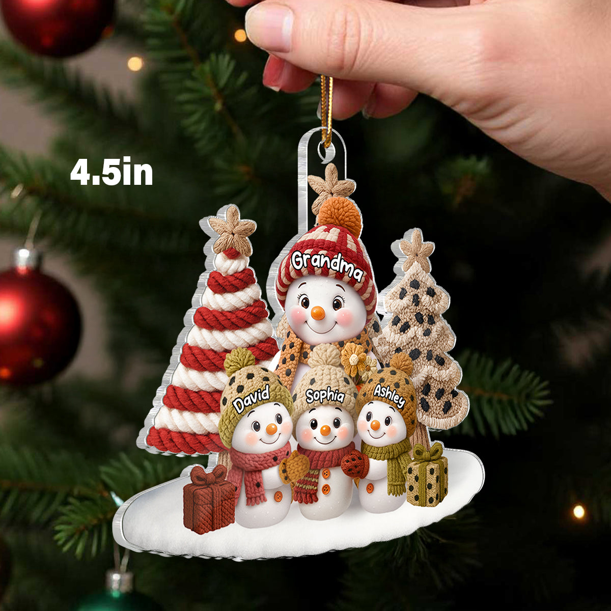 3D Embroidered Effect Snowman Grandma Grandkids - Personalized Acrylic Ornament - Christmas Gift for Grandma