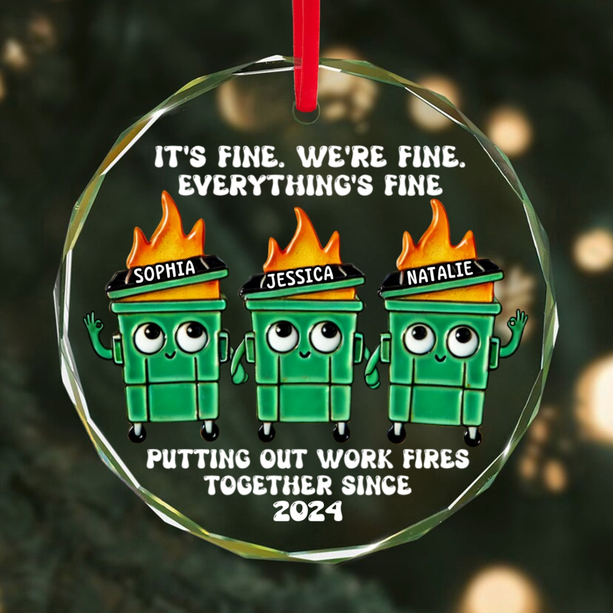 Putting Out Work Fires Together Work Bestie Dumpster Fire Funny Gift For Colleagues Personalized Glass Ornament