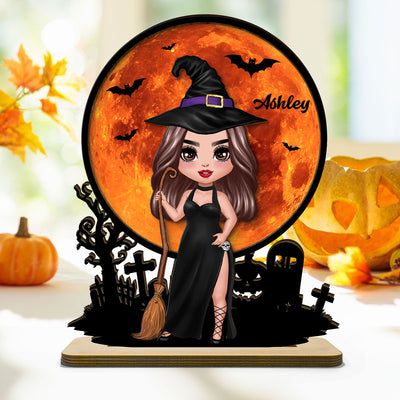Witch Under Halloween Moon Tabletop Tier Tray Wicca Pagan Decor Personalized 2-Layer Standing Wooden Plaque