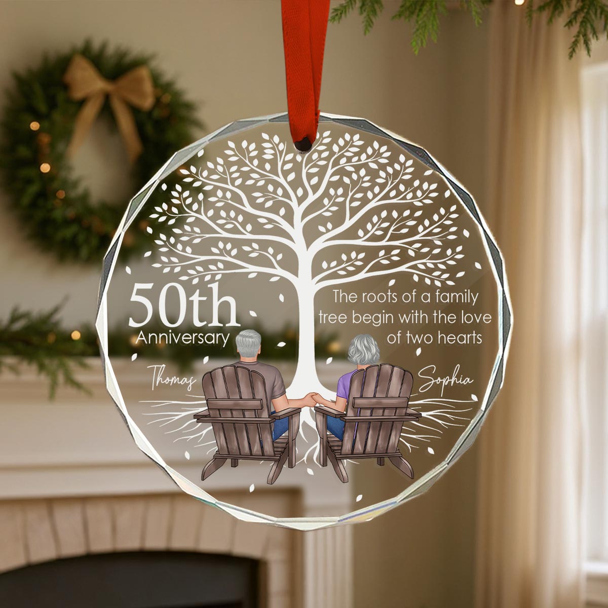 Old Couple Under Tree Anniversary Marriage Gifts for Couple Personalized Glass Ornament, Anniversary Keepsake Gift