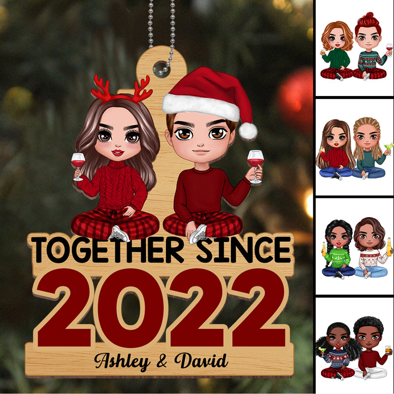 Doll Couple Sitting Together Since Christmas Personalized Wooden Ornament