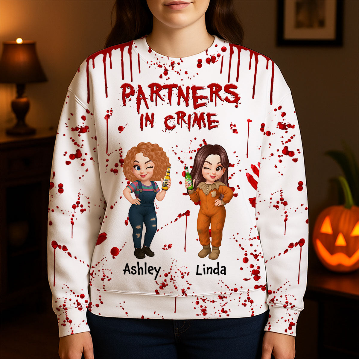 Spooky Halloween Partners In Crime Besties Sisters Personalized 3D Sweatshirt