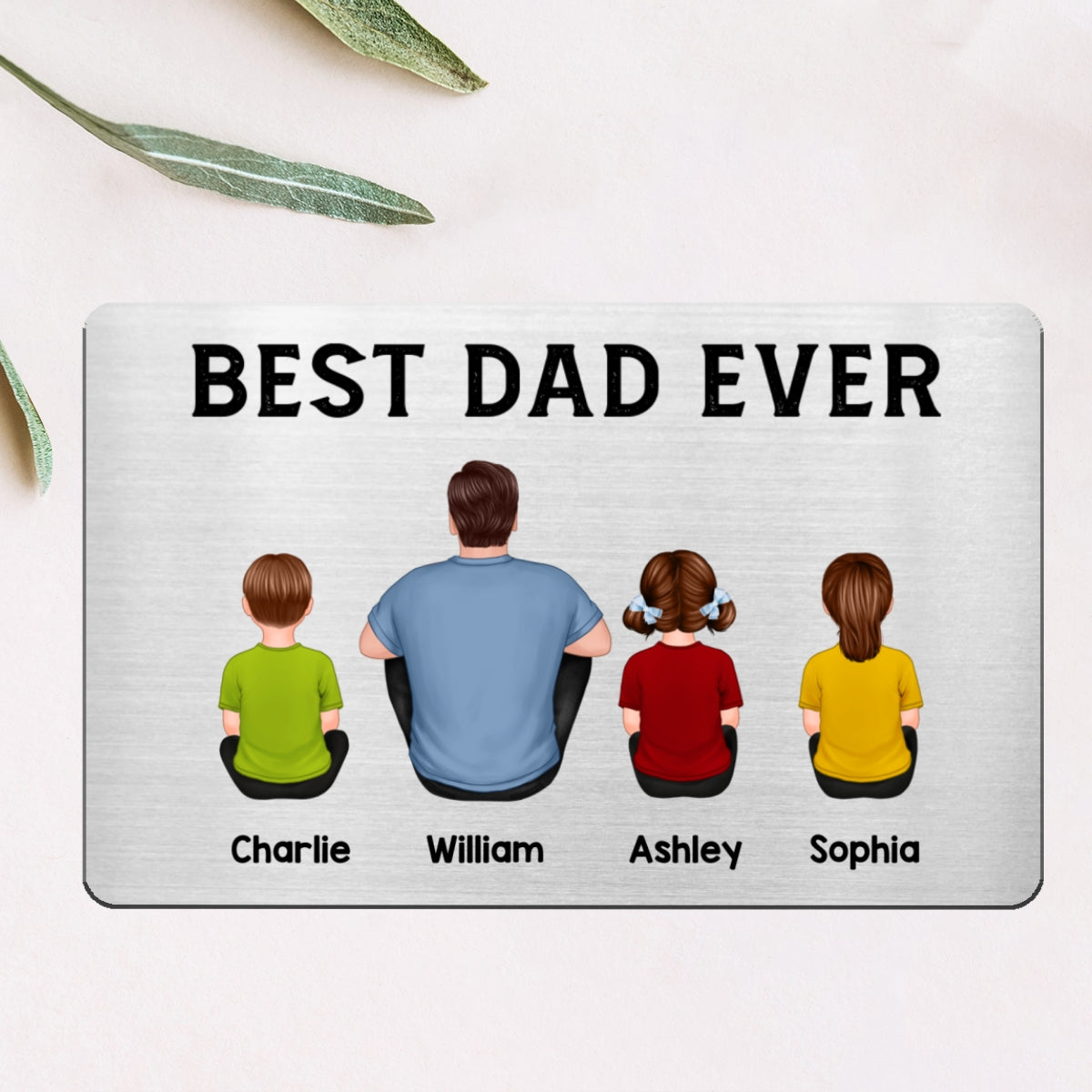 Back View Dad And Kids Dogs Cats Sitting Best Dad Ever Personalized Metal Wallet Card