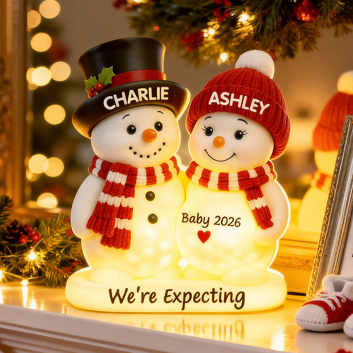 Christmas Snowman Couple Parents We're Expecting Pregnancy Baby Arriving - Personalized Light Box