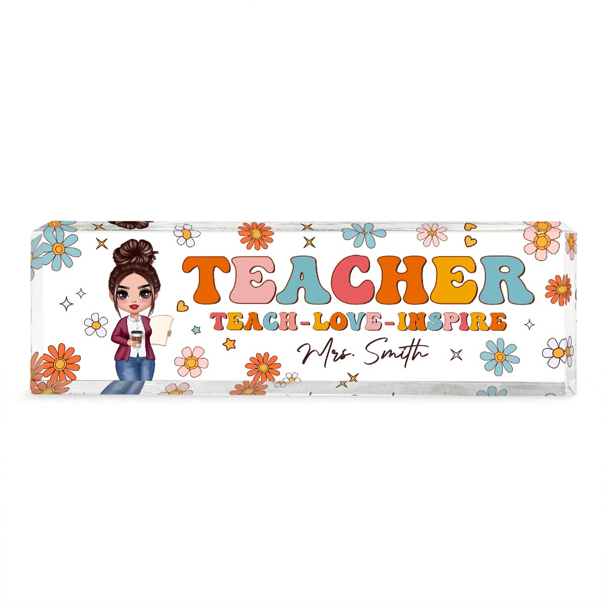 Teacher Groovy Flower Personalized Acrylic Desk Name Plate, Gift For Teacher, Office Decor
