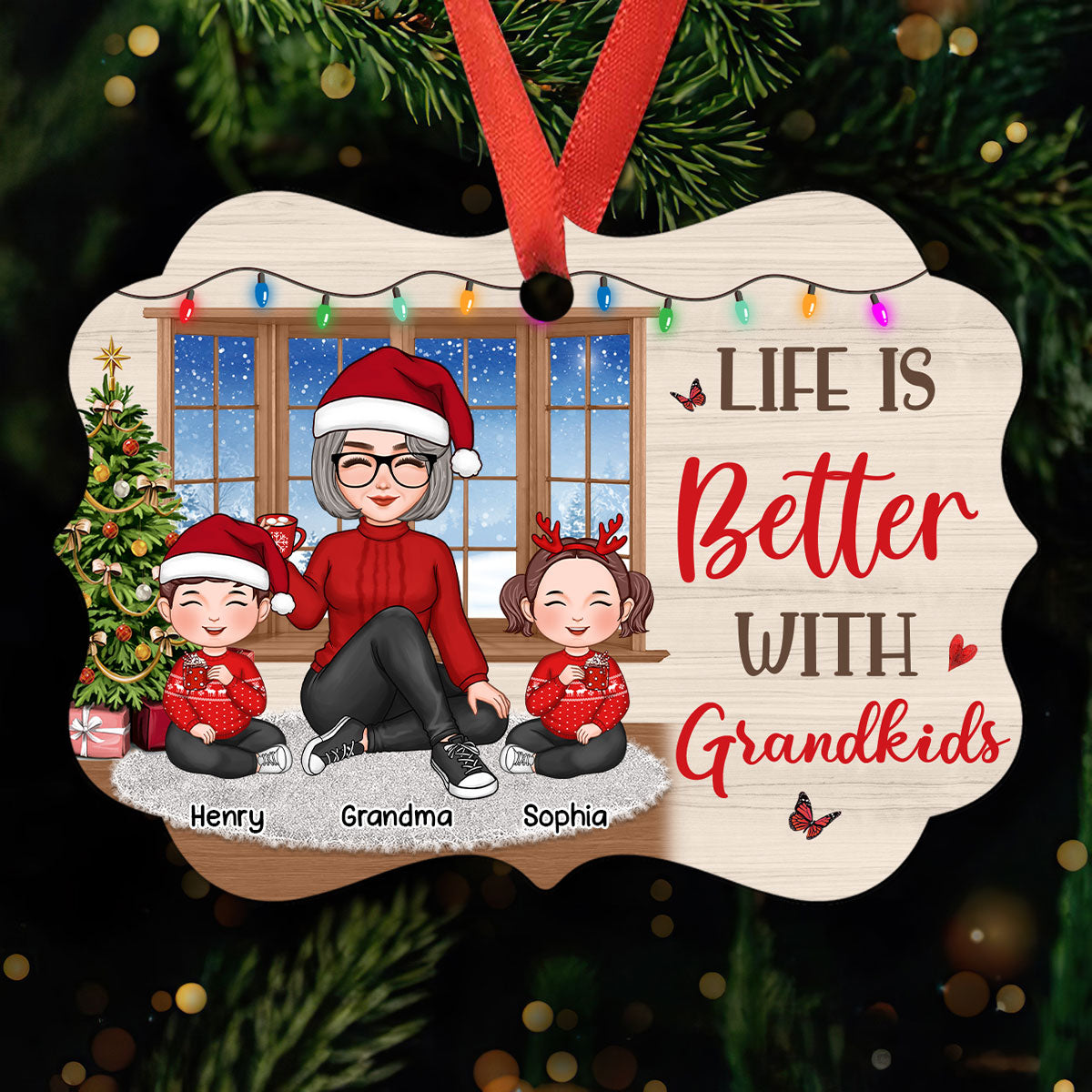Cute Grandma Grandkids Sitting By Window Personalized Christmas Aluminum Ornament