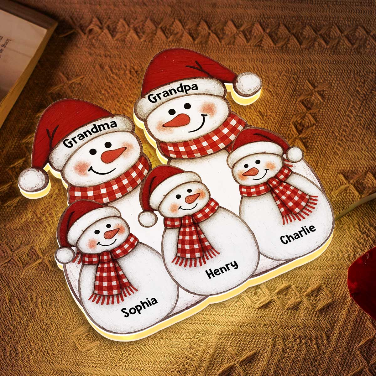 Folk Art Cute Snowman Grandma Grandpa & Grandkid - Personalized Light Box - Christmas Decor For Grandparents