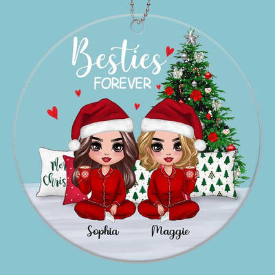 Pajamas Doll Besties Sisters Sitting Christmas Personalized Acrylic Ornament