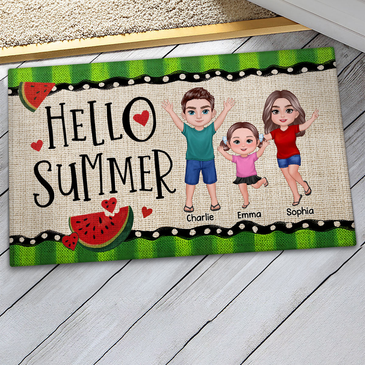Hello Summer Watermelon Family Personalized Doormat, Summer Decoration