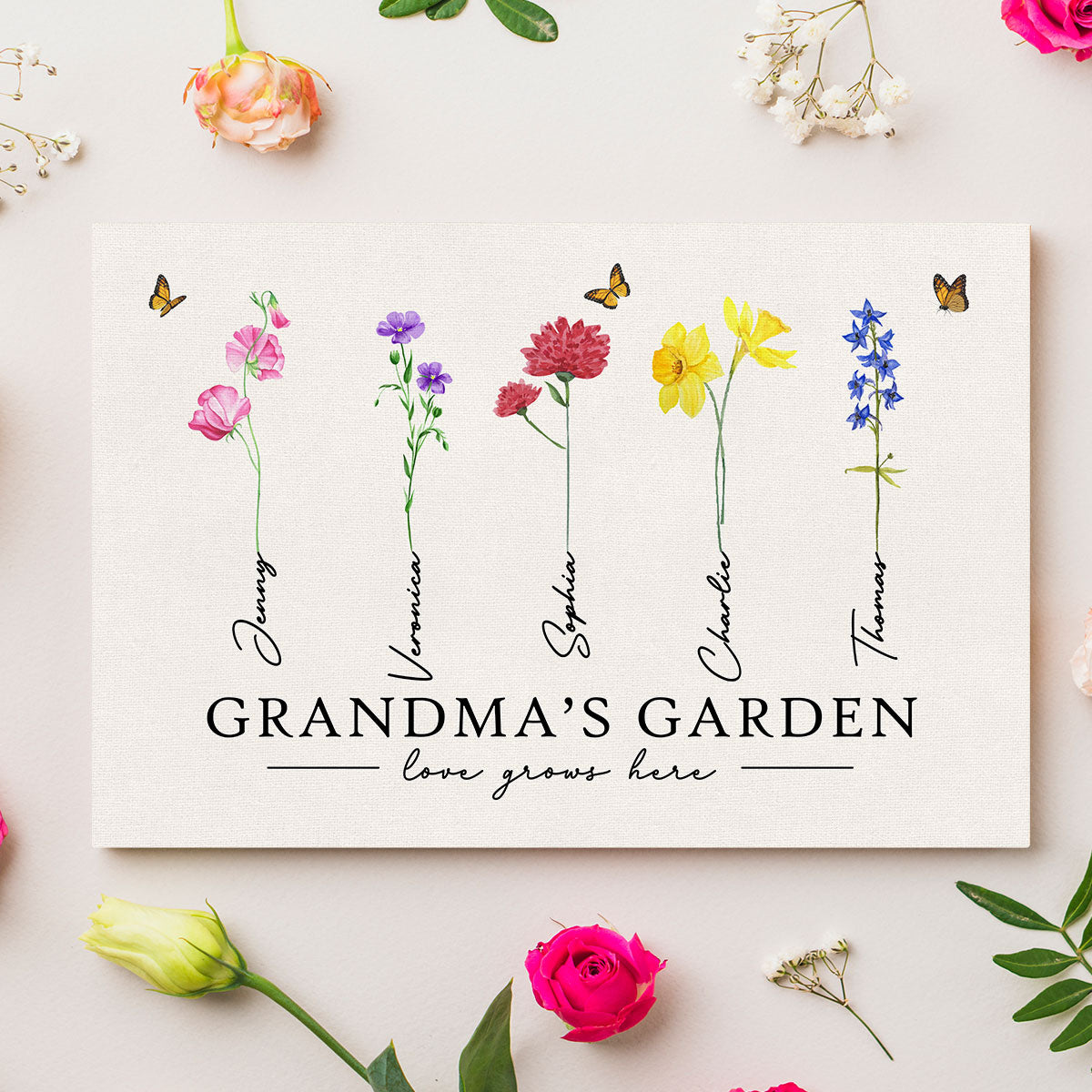 Grandma‘s Garden Love Grows Here Watercolor Birth Month Flower Gift For Grandma Mom Personalized Canvas Print