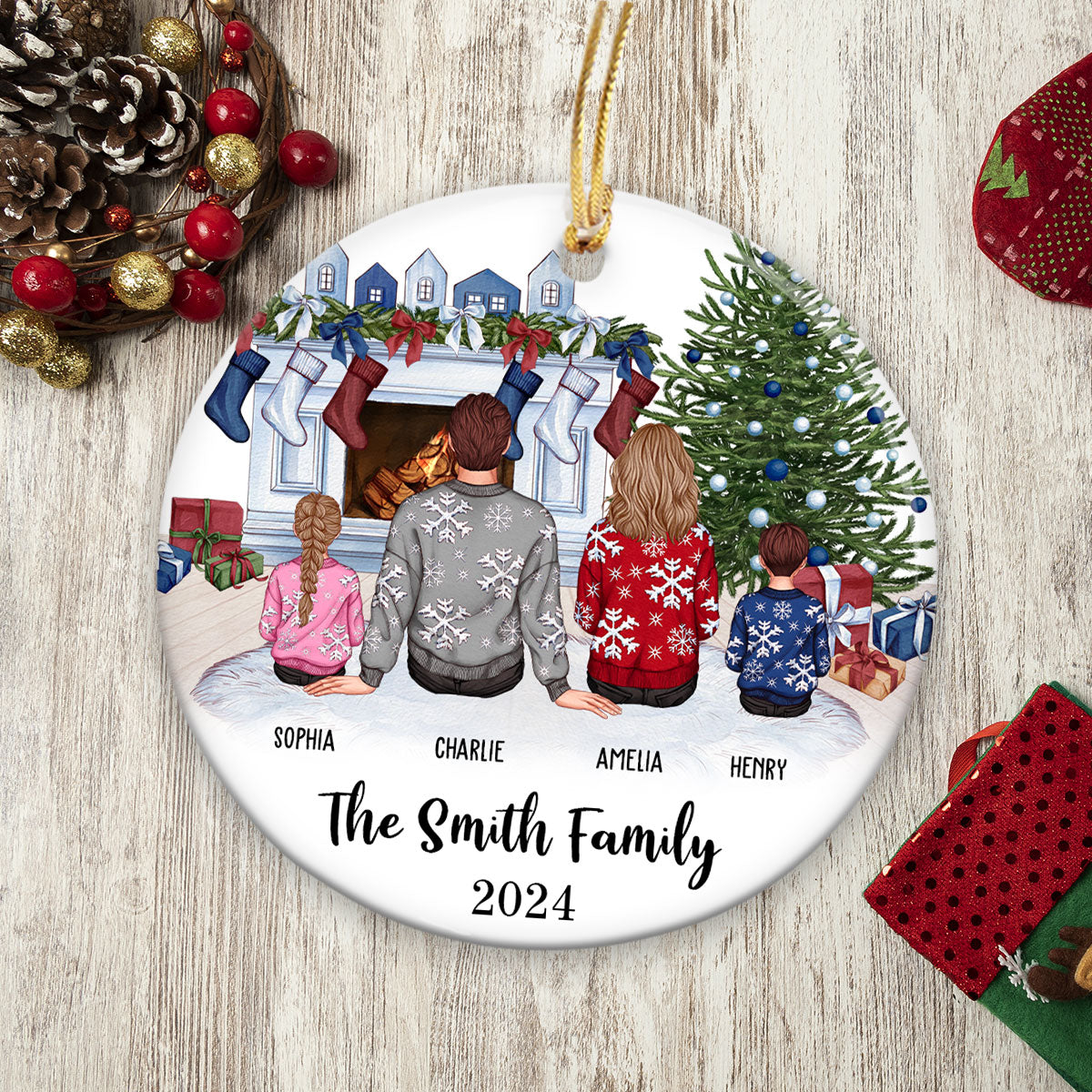 Personalized Big Christmas Family Ornament, Sitting Family Back View, Merry Christmas