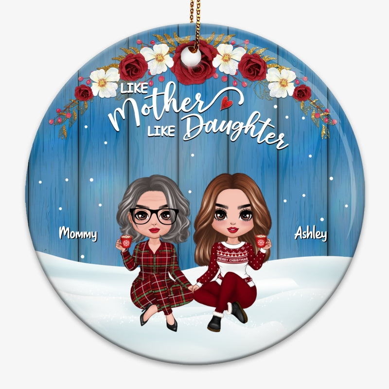 Red Floral Frame Mother Daughters Personalized Circle Ornament