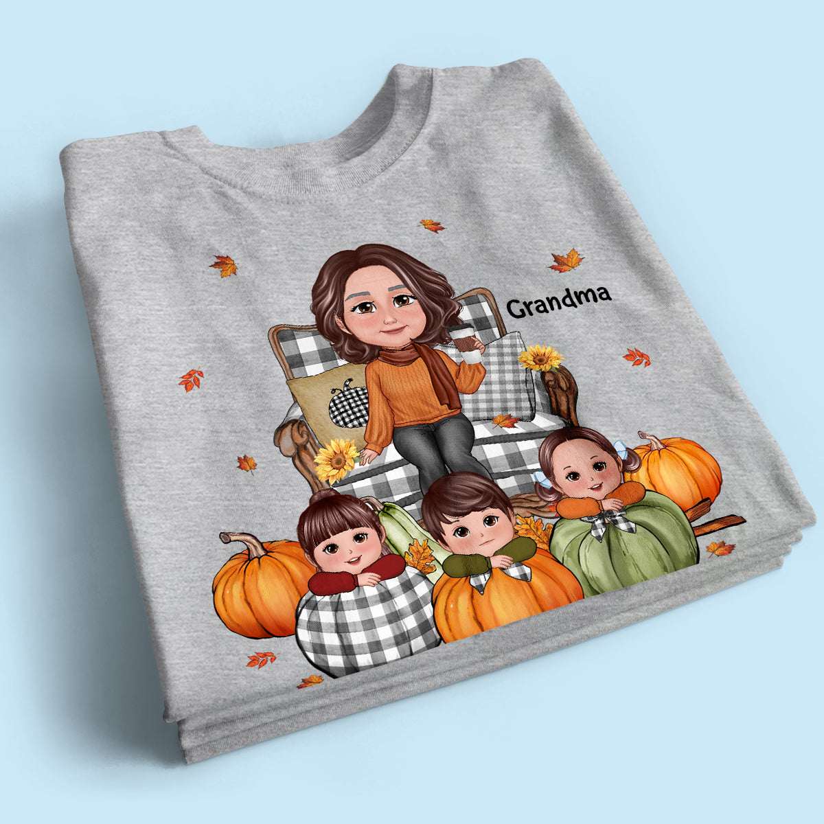 Grandma Sitting On Chair & Kids Pumpkin - Personalized Shirt
